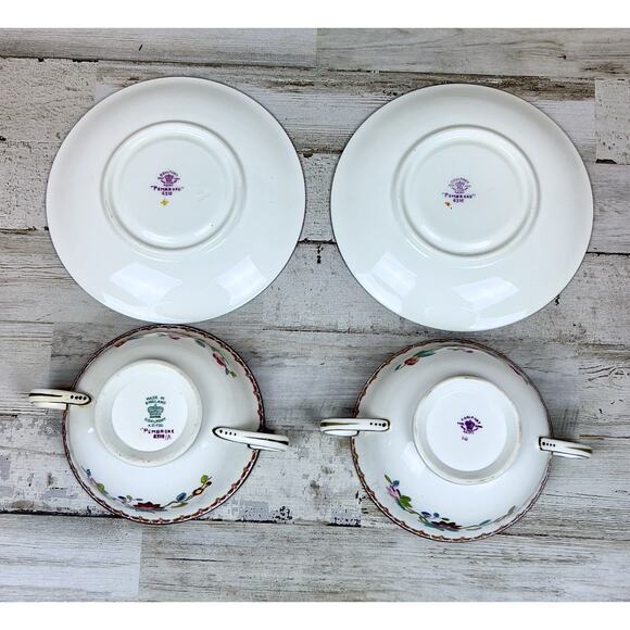 Vintage Coalport Pembroke Hand Painted 2 Handled Soup Bowls Saucers Birds Floral - Picture 3 of 11